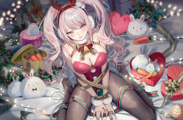 Anime picture 2000x1317 with goddess of victory: nikke alice (nikke) emyo single long hair fringe highres breasts light erotic hair between eyes large breasts sitting twintails looking away pink hair cleavage pink eyes horn (horns) wariza christmas