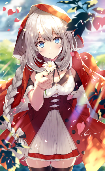Anime picture 800x1292 with fate (series) fate/grand order little red riding hood marie antoinette (fate/grand order) necomi (gussan) single long hair tall image looking at viewer blush fringe breasts blue eyes smile hair between eyes standing holding signed payot sky