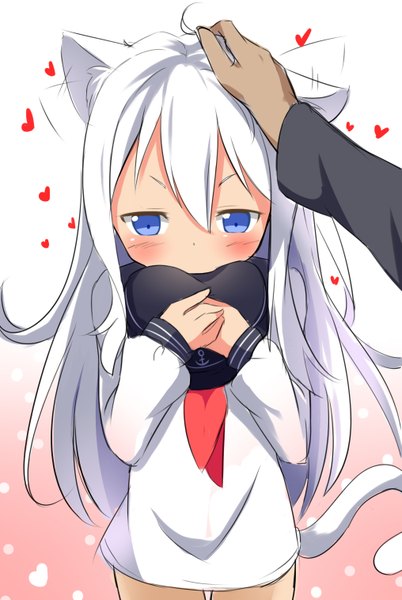 Anime picture 1015x1515 with kantai collection hibiki destroyer makuran long hair tall image blush fringe blue eyes hair between eyes standing animal ears payot ahoge white hair tail long sleeves animal tail cat ears bare legs cat tail