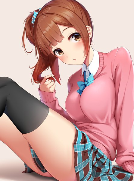 Anime picture 2587x3485 with idolmaster idolmaster cinderella girls igarashi kyouko yigra don single long hair tall image looking at viewer blush fringe highres breasts open mouth simple background brown hair large breasts sitting brown eyes payot blunt bangs