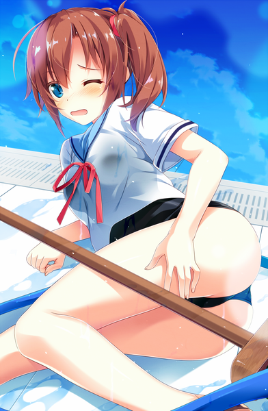 Anime picture 784x1200 with original uzuki hiro single long hair tall image blush fringe open mouth blue eyes light erotic hair between eyes brown hair ass outdoors lying one eye closed side ponytail on side swimsuit under clothes poolside