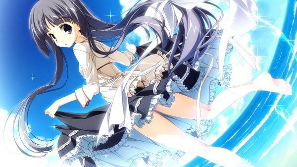 Anime picture 1280x720 with himawari no kyoukai to nagai natsuyasumi ayugase tsukiko single long hair blush open mouth black hair wide image purple eyes game cg sky cloud (clouds) looking back barefoot back girl dress water