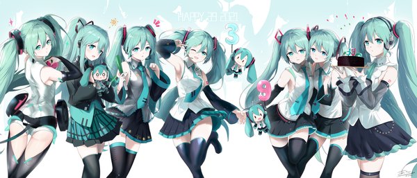 Anime picture 3939x1688 with vocaloid vocaloid append hatsune miku hatsune miku (append) hachune miku hatsune miku (nt) hatsune miku (vocaloid4) hatsune miku (vocaloid3) hatsune miku (if) hatsune miku (vocaloid4) (chinese) asahi kuroi long hair highres open mouth wide image twintails multiple girls :d pleated skirt aqua eyes