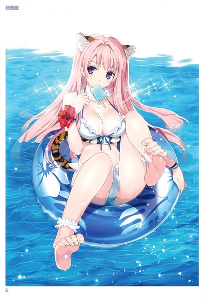 Anime picture 2080x3030 with comic toranoana isizuaki single long hair tall image blush fringe highres breasts light erotic hair between eyes large breasts purple eyes holding animal ears looking away pink hair cleavage bent knee (knees) ass