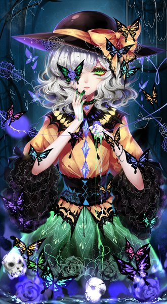 Anime picture 2200x4000 with touhou komeiji koishi sheya single tall image looking at viewer highres short hair standing green eyes signed nail polish parted lips fingernails grey hair short sleeves dark background wavy hair covering eye (eyes) adapted costume