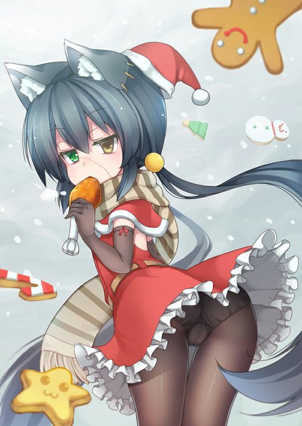 Anime picture 800x1129 with original victor (tama e akira) single long hair tall image looking at viewer fringe light erotic black hair hair between eyes standing twintails animal ears cat ears heterochromia eating girl dress gloves underwear