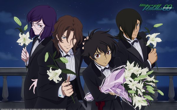 Anime picture 1280x800 with mobile suit gundam mobile suit gundam 00 sunrise (studio) tieria erde setsuna f seiei lockon stratos allelujah haptism fringe black hair smile red eyes brown hair wide image sky purple hair cloud (clouds) one eye closed wink hair over one eye night