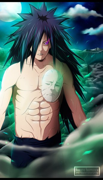 Anime picture 1180x2048 with naruto studio pierrot naruto (series) uchiha madara kortrex single long hair tall image fringe black hair purple eyes cloud (clouds) hair over one eye night night sky coloring letterboxed smoke mountain face
