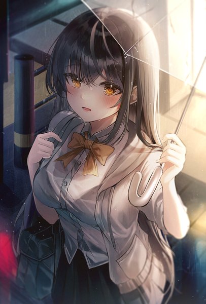 Anime picture 2705x4000 with original chaerom single long hair tall image blush fringe highres open mouth black hair hair between eyes standing holding yellow eyes looking away outdoors open jacket wet rain transparent umbrella