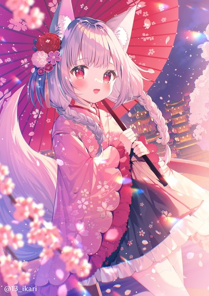 Anime picture 1447x2046 with original ikari (aor3507) single long hair tall image blush open mouth red eyes signed animal ears silver hair tail braid (braids) :d animal tail loli twitter username twin braids cherry blossoms lolita fashion