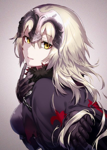 Anime picture 1000x1403 with fate (series) fate/grand order fate/apocrypha jeanne d'arc (fate) (all) jeanne d'arc alter (fate) arisaka ako single long hair tall image looking at viewer fringe blonde hair simple background hair between eyes yellow eyes upper body head tilt light smile grey background gradient background