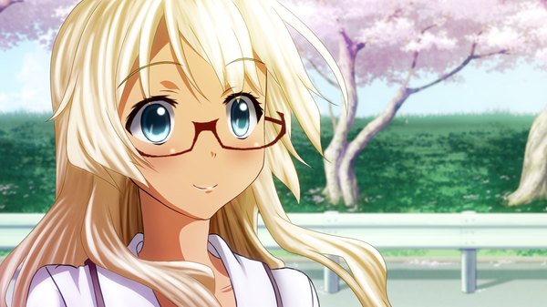 Anime picture 1366x768 with mayo chiki! feel (studio) narumi nakuru single long hair blush blue eyes blonde hair smile wide image girl plant (plants) tree (trees) glasses