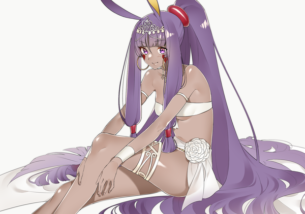 Anime picture 1800x1266 with fate (series) fate/grand order nitocris (fate) sino42 single looking at viewer fringe highres light erotic simple background smile white background sitting purple eyes animal ears purple hair ponytail very long hair dark skin girl