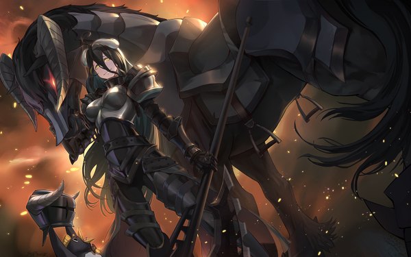 Anime picture 1600x1000 with overlord (maruyama) madhouse albedo (overlord) eclair ecleir eicler bicorn kresop single long hair looking at viewer fringe breasts black hair hair between eyes standing holding signed yellow eyes ahoge horn (horns) light smile