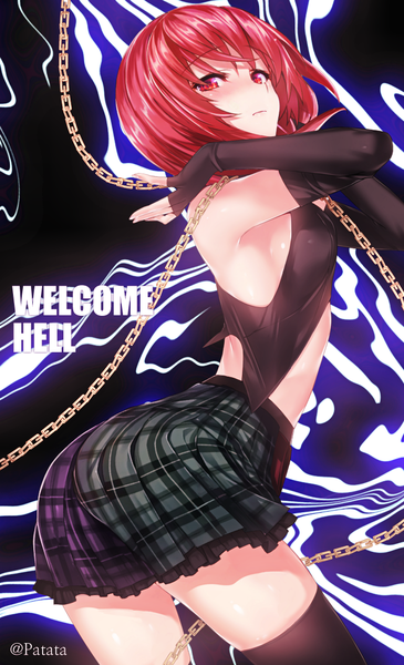 Anime picture 700x1150 with touhou hecatia lapislazuli patata tall image looking at viewer blush short hair light erotic red eyes standing bare shoulders signed red hair pleated skirt looking back from behind bare belly shadow leaning zettai ryouiki