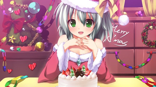 Anime picture 3555x2000 with touhou komeiji koishi nironiro looking at viewer blush highres short hair open mouth wide image green eyes silver hair fur trim christmas merry christmas girl detached sleeves food sweets fur berry (berries)