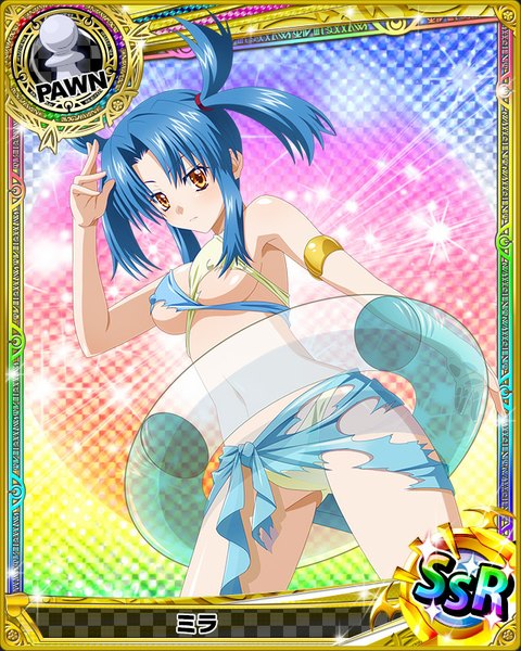 Anime picture 640x800 with highschool dxd mira (high school dxd) single long hair tall image looking at viewer breasts light erotic twintails blue hair orange eyes torn clothes card (medium) girl swimsuit bikini swim ring clothes