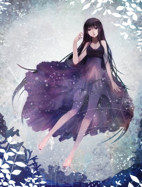 Anime picture 800x1051 with original toryufu single long hair tall image looking at viewer black hair purple eyes bare shoulders barefoot girl dress