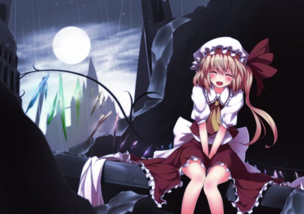 Anime picture 1500x1059 with touhou flandre scarlet ugume single short hair open mouth blonde hair sitting sky cloud (clouds) ponytail eyes closed light smile puffy sleeves side ponytail rain between legs ruins knees touching girl