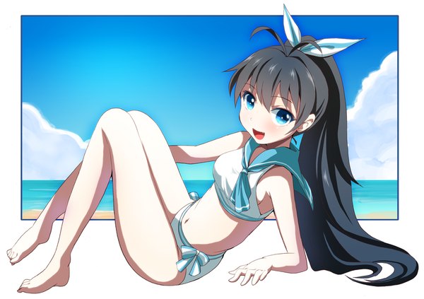Anime picture 1000x705 with idolmaster ganaha hibiki ratryu single long hair looking at viewer blush open mouth blue eyes black hair sky cloud (clouds) ahoge ponytail reclining sailor swimsuit (idolmaster) girl swimsuit sea