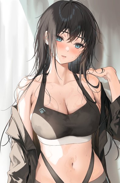 Anime picture 1609x2442 with original tokkihouse single long hair tall image blush fringe breasts blue eyes light erotic black hair hair between eyes large breasts cleavage upper body off shoulder mole midriff sweat mole under eye