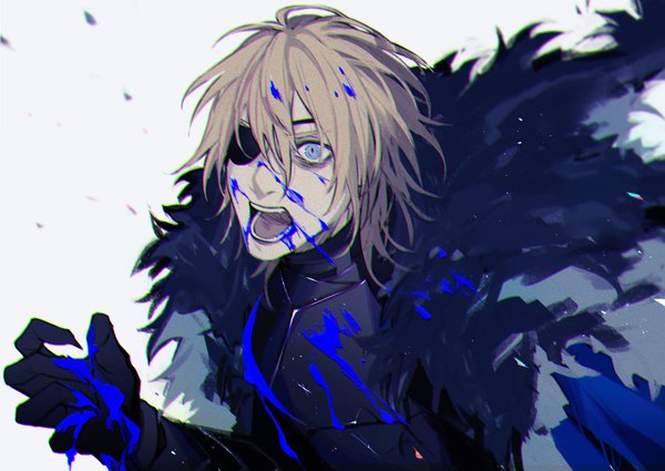 Anime picture 1457x1032 with fire emblem fire emblem: three houses nintendo dimitri alexandre blaiddyd sb (artist) single fringe short hair open mouth blue eyes simple background blonde hair hair between eyes white background looking away upper body teeth crazy crazy eyes boy