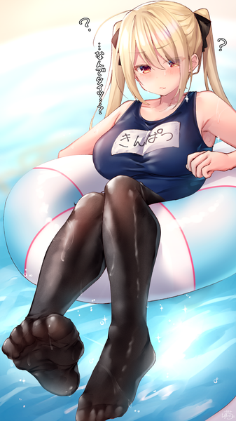 Anime picture 1152x2048 with original blonde hair-chan (ramchi) ramchi single long hair tall image looking at viewer blush fringe breasts light erotic blonde hair hair between eyes large breasts sitting twintails bare shoulders brown eyes payot full body