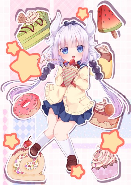 Anime picture 1190x1683 with kobayashi-san chi no maidragon kyoto animation kanna kamui renren single long hair tall image looking at viewer blush blue eyes twintails signed payot silver hair full body horn (horns) low twintails cute knees together feet apart girl
