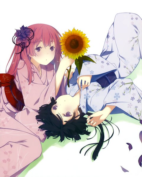 Anime picture 1620x2020 with ore no kanojo to osananajimi ga shuraba sugiru a-1 pictures fuyuumi ai akishino himeka ruroo long hair tall image looking at viewer fringe simple background white background purple eyes multiple girls pink hair lying traditional clothes japanese clothes scan girl hair ornament