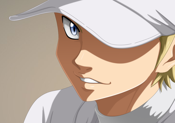 Anime picture 1000x707 with daiya no ace production i.g narumiya mei flowerinhell single looking at viewer short hair blue eyes blonde hair simple background smile lips shadow close-up boy flat cap