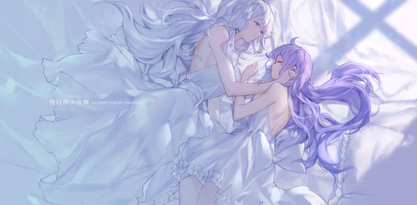 Anime picture 2687x1323 with azur lane illustrious (azur lane) unicorn (azur lane) swd3e2 long hair fringe highres breasts blue eyes smile wide image multiple girls signed looking away silver hair purple hair ahoge lying eyes closed sunlight