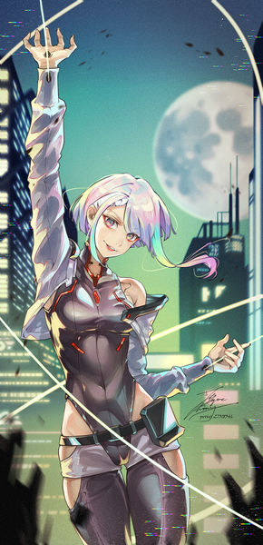 Anime picture 724x1500 with cyberpunk edgerunners studio trigger lucy (cyberpunk) fadingz single tall image looking at viewer fringe short hair light erotic smile standing purple eyes signed silver hair outdoors long sleeves parted lips multicolored hair arm up