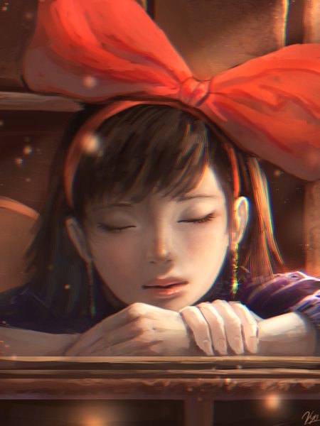 Anime picture 768x1024 with kiki's delivery service studio ghibli kiki sigma (kyouniyan) single tall image fringe short hair breasts brown hair large breasts signed eyes closed parted lips fingernails lips lens flare sleeping girl earrings