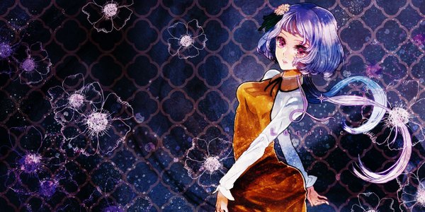 Anime picture 1378x689 with touhou tsukumo benben 0 (pixiv) single long hair looking at viewer short hair wide image purple eyes twintails purple hair girl dress hair ornament flower (flowers)
