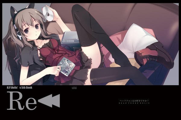 Anime picture 1200x800 with long hair light erotic brown hair animal ears fake animal ears thighhighs headphones pillow couch disc h.p.holic