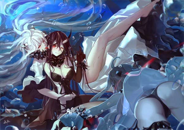 Anime-Bild 1400x991 mit kantai collection northern ocean hime midway hime battleship water oni i.a.m.genesic looking at viewer blush fringe breasts open mouth light erotic black hair hair between eyes red eyes large breasts signed cleavage ahoge ass white hair