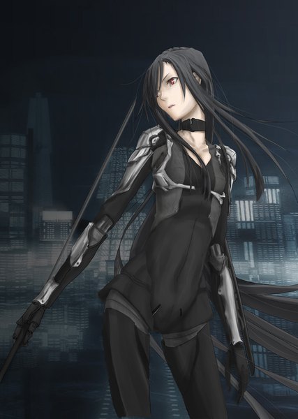 Anime picture 945x1328 with original yukikaze (siiver92zero) single long hair tall image black hair red eyes standing looking away turning head underboob city covered navel cityscape mechanical arms girl weapon sword choker armor