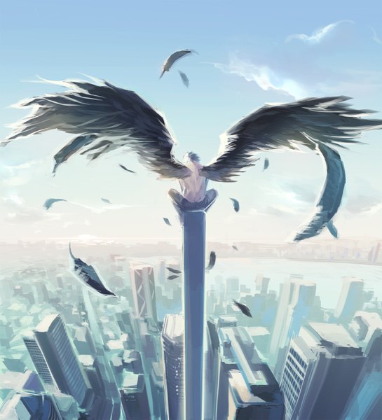 Anime picture 1500x1650 with original luen kulo single tall image short hair sitting sky cloud (clouds) grey hair sunlight city cityscape black wings boy wings building (buildings) feather (feathers) skyscraper