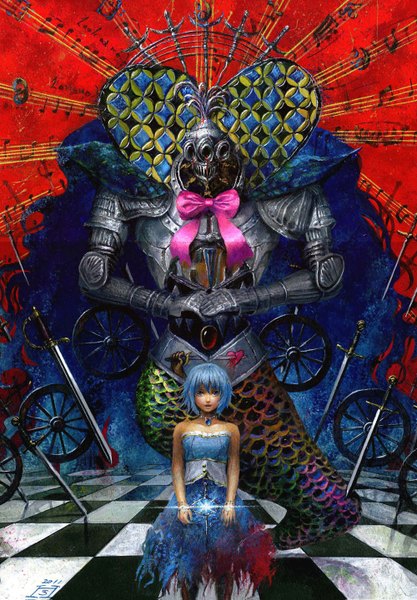 Anime picture 1000x1439 with mahou shoujo madoka magica shaft (studio) miki sayaka oktavia von seckendorff onmyous tall image short hair blue eyes bare shoulders signed blue hair torn clothes checkered floor glow girl dress bow weapon sword choker