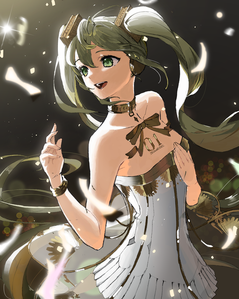 Anime picture 4000x5000 with vocaloid miku symphony (vocaloid) hatsune miku gramophone miku suzuki (atela lala) single tall image fringe highres open mouth hair between eyes twintails green eyes looking away absurdres very long hair :d green hair girl dress