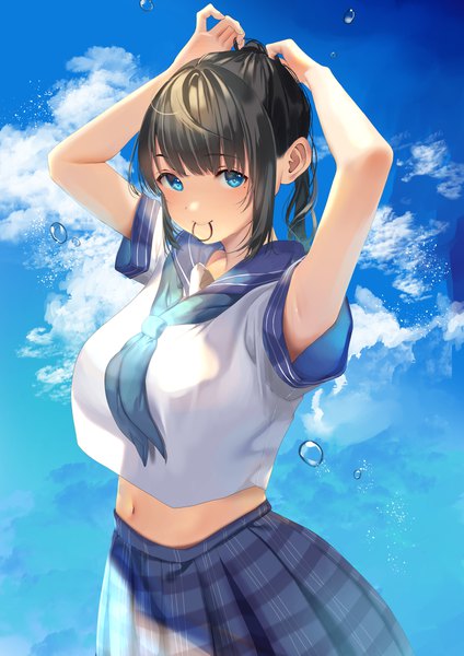 Anime picture 2894x4093 with original inushima single long hair tall image looking at viewer blush fringe highres blue eyes black hair holding payot sky cloud (clouds) ponytail blunt bangs pleated skirt mole arms up