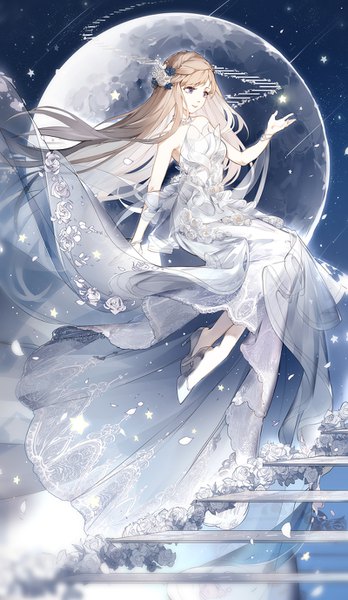 Anime picture 800x1376 with miracle nikki nine (liuyuhao1992) single long hair tall image fringe smile brown hair twintails purple eyes bare shoulders looking away full body braid (braids) arm up hair flower wind night high heels night sky