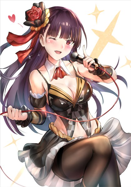 Anime-Bild 700x1000 mit girls frontline wa2000 (girls frontline) qian wu atai single long hair tall image looking at viewer blush fringe breasts open mouth light erotic simple background red eyes white background holding cleavage purple hair bent knee (knees) blunt bangs