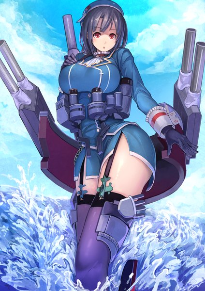 Anime picture 868x1228 with kantai collection takao heavy cruiser koruse single tall image looking at viewer short hair breasts light erotic black hair red eyes large breasts wide hips girl thighhighs gloves weapon black thighhighs black gloves water