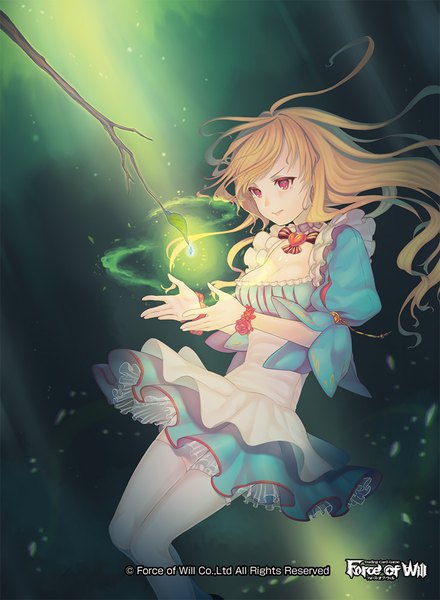 Anime picture 814x1110 with force of will alice (force of will) mie nabe single long hair tall image fringe breasts blonde hair red eyes large breasts cleavage puffy sleeves copyright name floating hair looking down underwater glow girl thighhighs