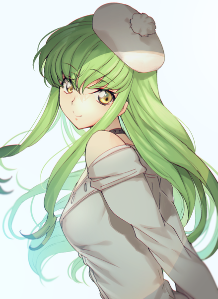 Anime picture 658x900 with code geass sunrise (studio) c.c. creayus single long hair tall image looking at viewer fringe breasts simple background bare shoulders yellow eyes payot long sleeves green hair light smile leaning leaning forward floating hair