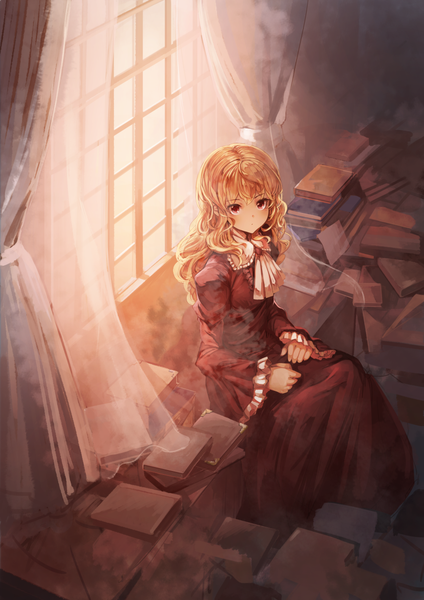 Anime picture 868x1228 with original koruse single long hair tall image looking at viewer fringe blonde hair red eyes sitting bent knee (knees) indoors long sleeves from above sunlight blurry wide sleeves curly hair girl dress