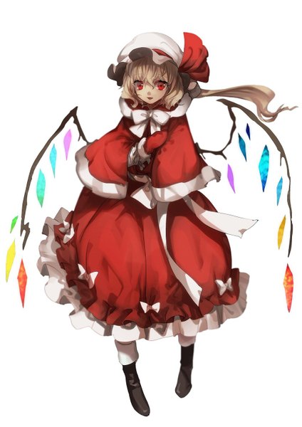 Anime picture 1024x1448 with touhou flandre scarlet no-kan single tall image looking at viewer fringe short hair blonde hair simple background hair between eyes red eyes white background full body one side up asymmetrical hair adapted costume girl wings boots
