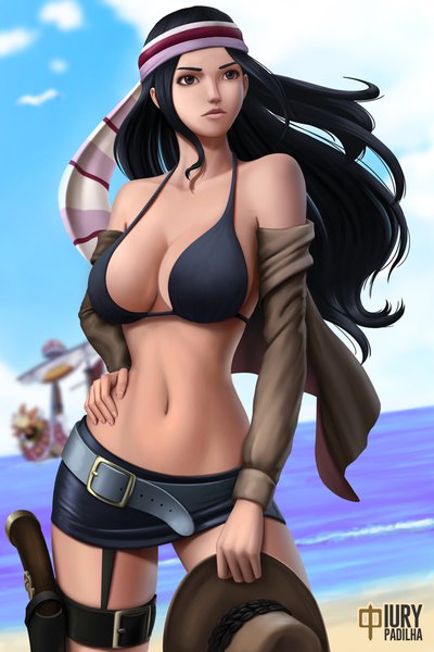 Anime picture 734x1100 with one piece toei animation nico robin thousand sunny iury padilha single long hair tall image breasts light erotic black hair standing bare shoulders holding signed looking away sky cleavage cloud (clouds) outdoors