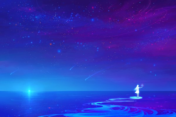 Anime picture 1500x1000 with original juuyonkou single long hair sky scenic shooting star soft beauty girl sea star (stars)